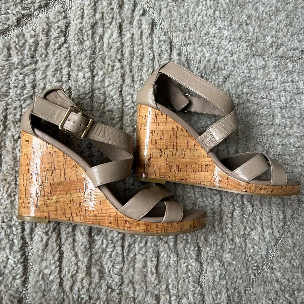 Cole Hann Neutral Cork Wedge Sandals with Gold Buckle